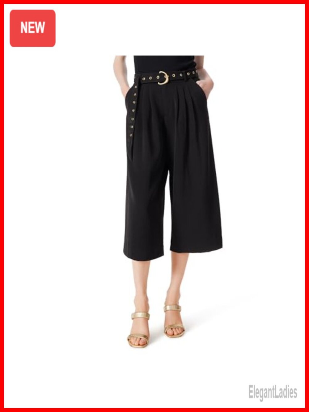 High Waist Belted Wide Leg Cropped Pants Pleated Front Pockets